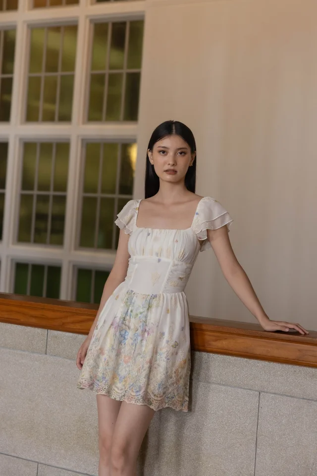 GRACIA PADDED EMBROIDERED FLORAL CHIFFON FLUTTER SLEEVE SKORTS DRESS