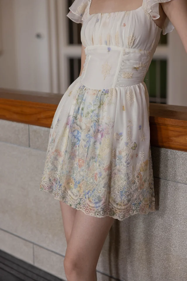 GRACIA PADDED EMBROIDERED FLORAL CHIFFON FLUTTER SLEEVE SKORTS DRESS
