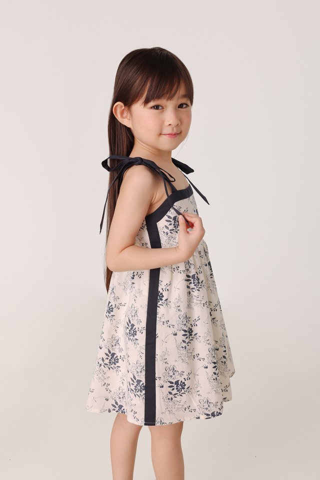 CLOVER LINEN FLORAL CONTRAST RIBBON-TIE BABYDOLL DRESS - MINI GIRL