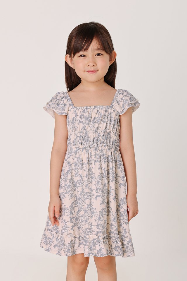 EDELYN FLORAL RUCHED FLUTTER SLEEVE DRESS - MINI GIRL
