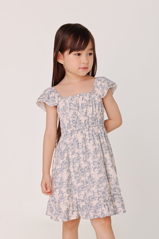 EDELYN FLORAL RUCHED FLUTTER SLEEVE DRESS - MINI GIRL