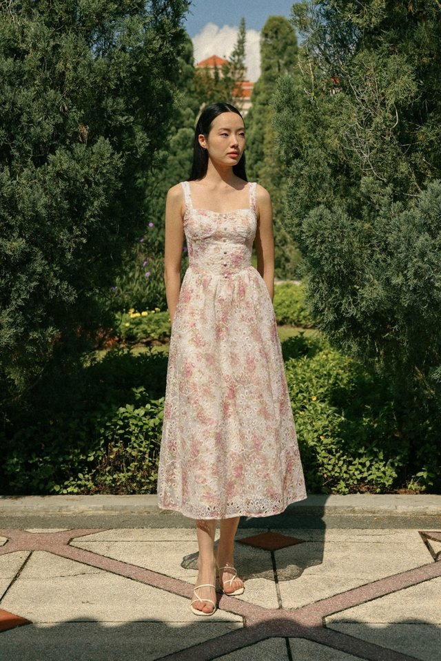 MEADOW PADDED FLORAL BRODERIE EYELET TRIM BUSTIER MIDAXI DRESS
