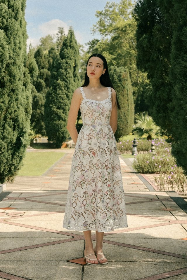 CHRYSAN PADDED FLORAL GUIPURE LACE MIDAXI DRESS