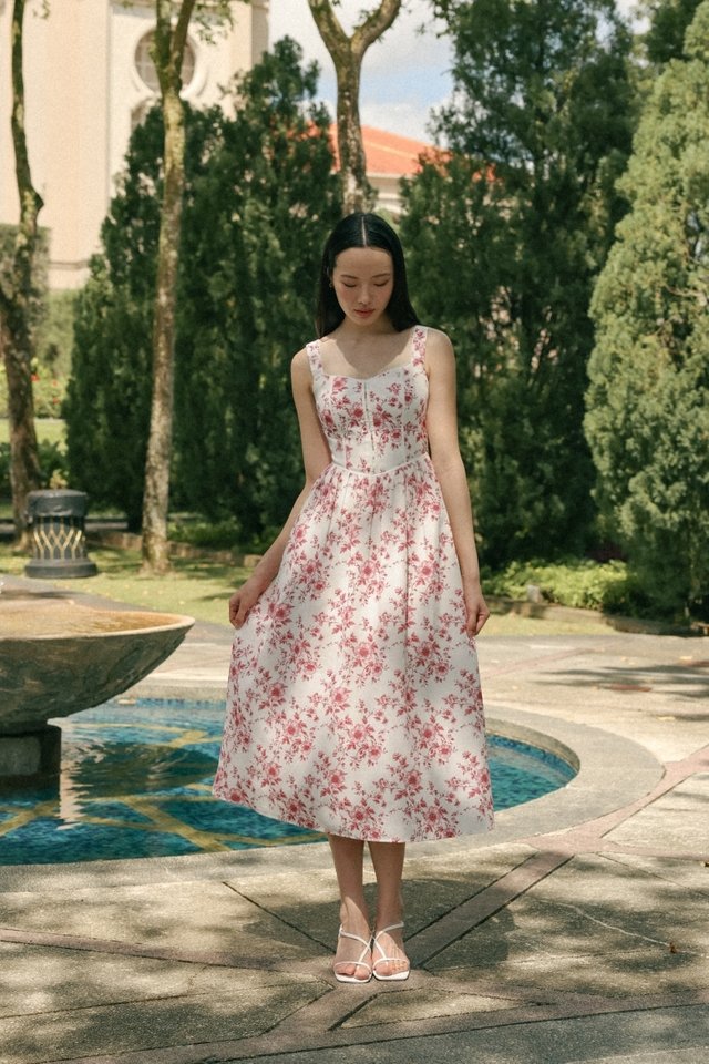 ABRIANA PADDED LINEN FLORAL CORSET MIDAXI DRESS
