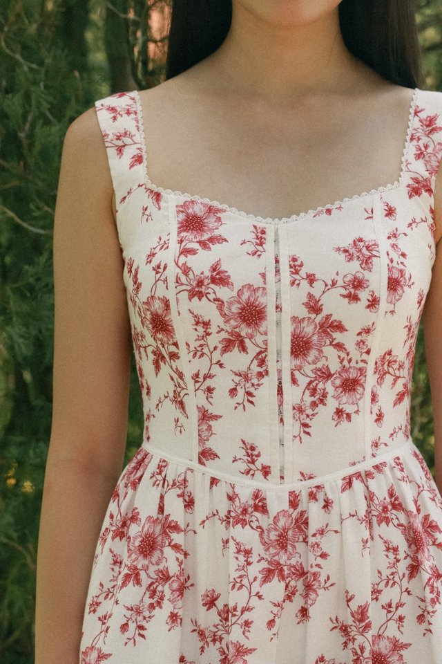 ABRIANA PADDED LINEN FLORAL CORSET MIDAXI DRESS