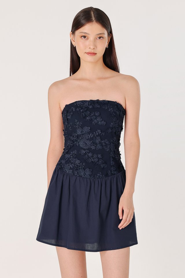 IRIS PADDED EMBROIDERED FLORAL MESH TWO-WAY SKORTS DRESS (MIDNIGHT BLUE)