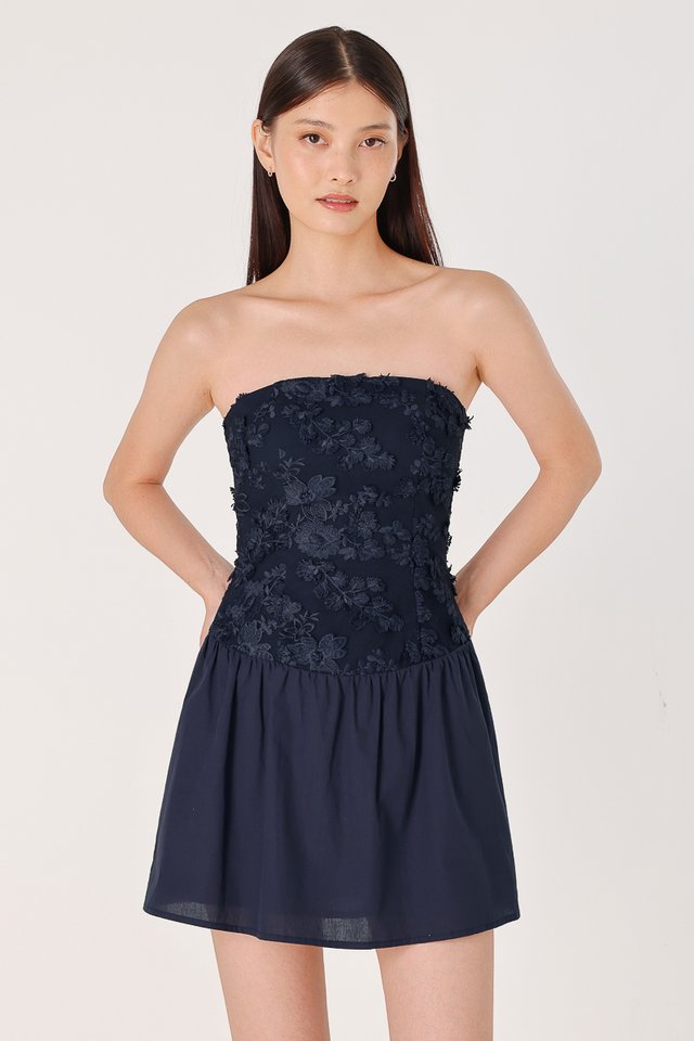 IRIS PADDED EMBROIDERED FLORAL MESH TWO-WAY SKORTS DRESS (MIDNIGHT BLUE)