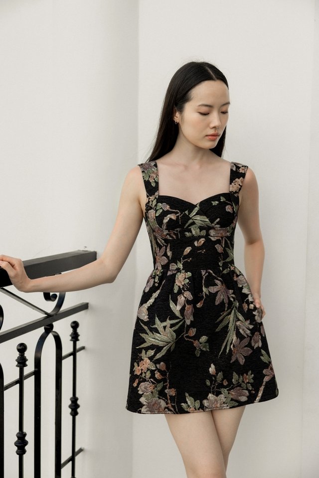 PATRINE PADDED BROCADE FLORAL BUSTIER SKORTS DRESS (BLACK)