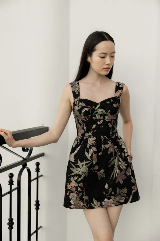 PATRINE PADDED BROCADE FLORAL BUSTIER SKORTS DRESS (BLACK)