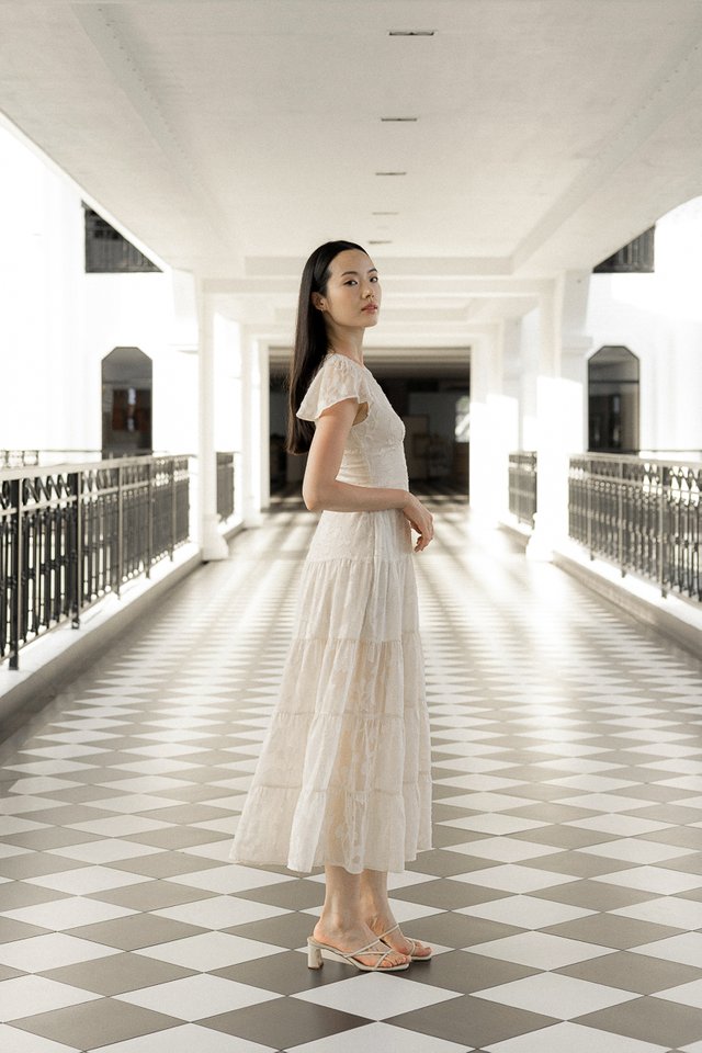 ADORIA FLORAL JACQUARD CHIFFON FLUTTER SLEEVE MAXI DRESS