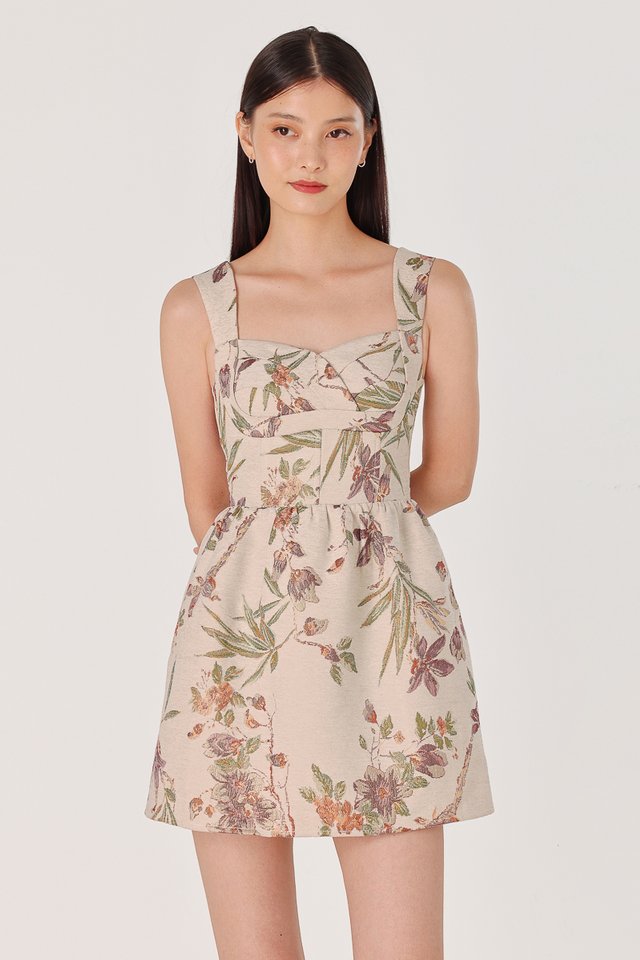 PATRINE PADDED BROCADE FLORAL BUSTIER SKORTS DRESS (CLAY)