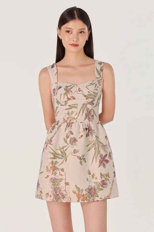 PATRINE PADDED BROCADE FLORAL BUSTIER SKORTS DRESS (CLAY)