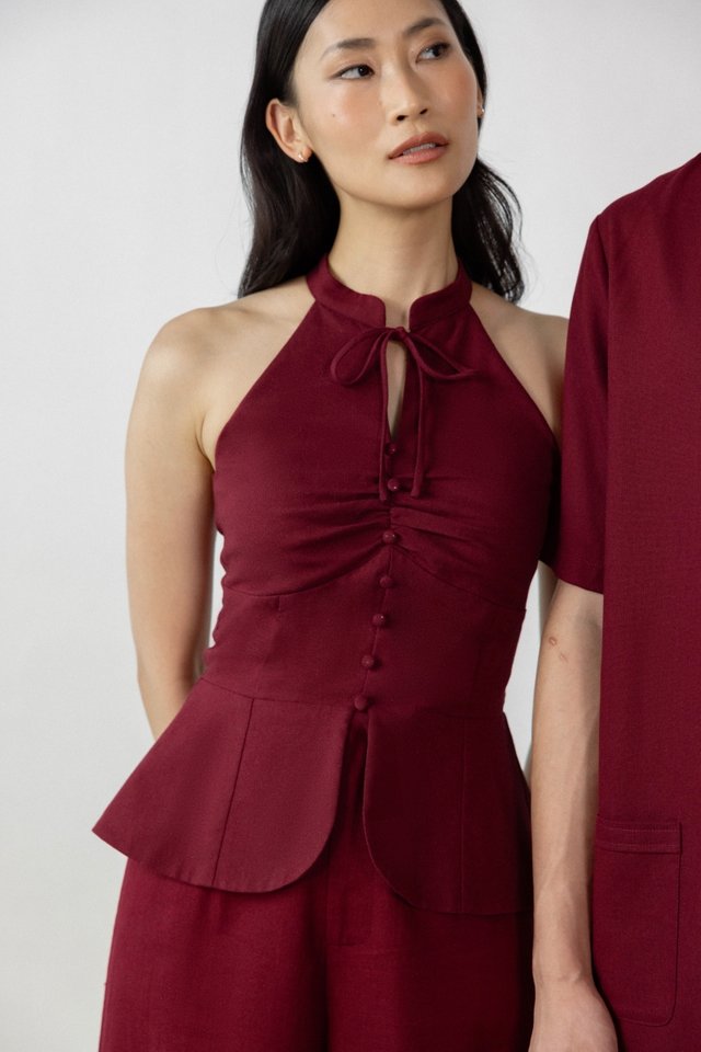 ROMONA PADDED LINEN MANDARIN COLLAR BUTTON KEYHOLE TOP