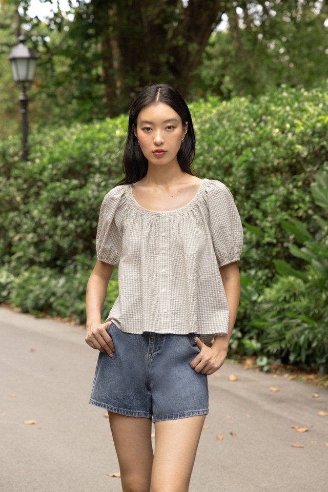 PIPER CHECKERED SMOCKED-NECK EYELET TRIM BUTTON BLOUSE (WHITE)