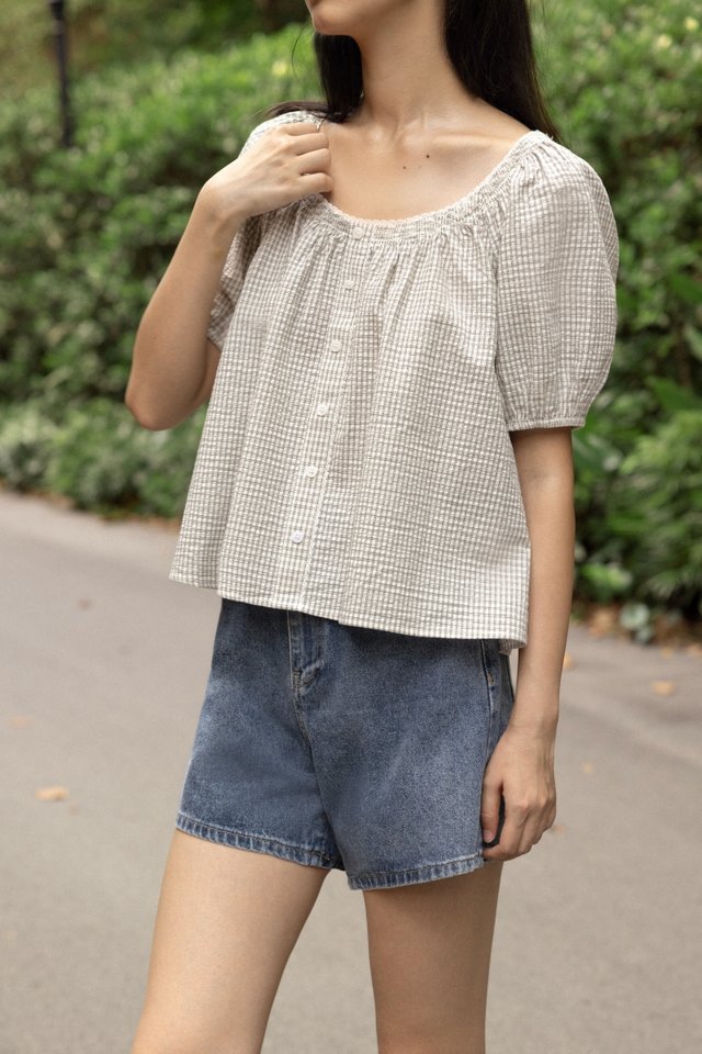 PIPER CHECKERED SMOCKED-NECK EYELET TRIM BUTTON BLOUSE (WHITE)