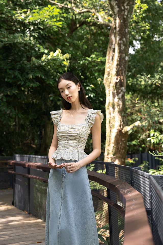 ROSETTA PADDED RUCHED RUFFLE STRAP BUTTON TOP (FLORAL)