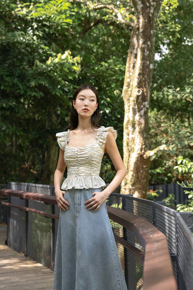 ROSETTA PADDED RUCHED RUFFLE STRAP BUTTON TOP (FLORAL)