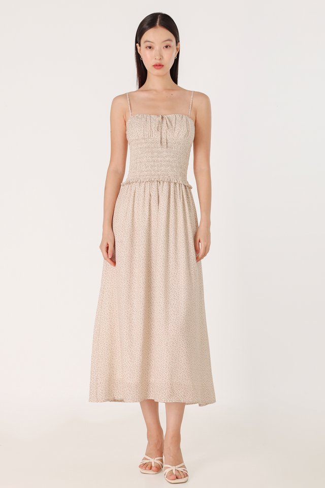 VIOLETTE PADDED SMOCKED WAIST RIBBON MIDAXI DRESS (FLORAL)