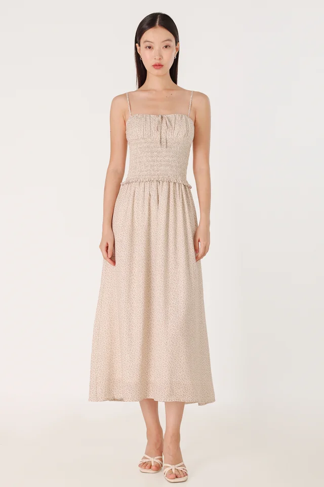 VIOLETTE PADDED SMOCKED WAIST RIBBON MIDAXI DRESS (FLORAL)