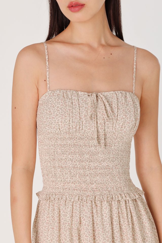 VIOLETTE PADDED SMOCKED WAIST RIBBON MIDAXI DRESS (FLORAL)