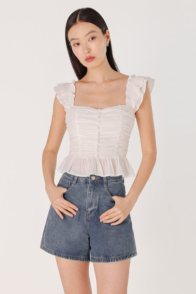 ROSETTA PADDED RUCHED RUFFLE STRAP BUTTON TOP (WHITE)