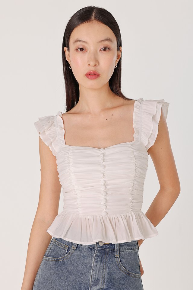 ROSETTA PADDED RUCHED RUFFLE STRAP BUTTON TOP (WHITE)