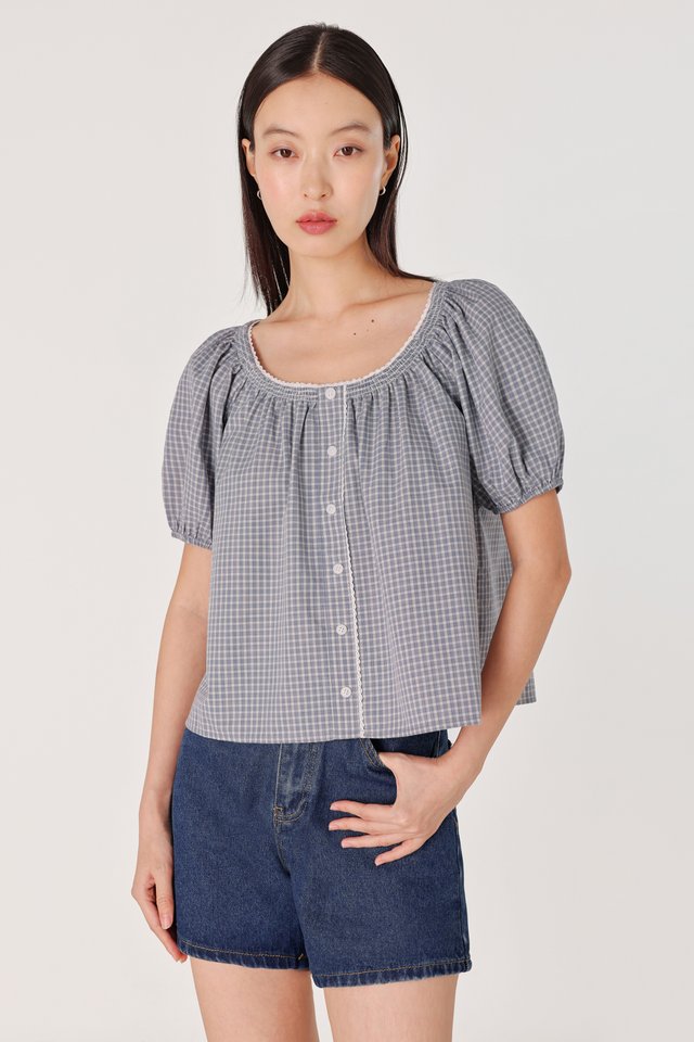 PIPER CHECKERED SMOCKED-NECK EYELET TRIM BUTTON BLOUSE (BLUE)