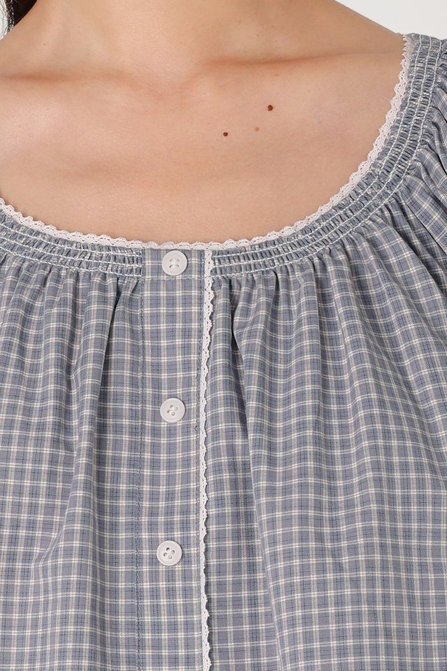 PIPER CHECKERED SMOCKED-NECK EYELET TRIM BUTTON BLOUSE (BLUE)