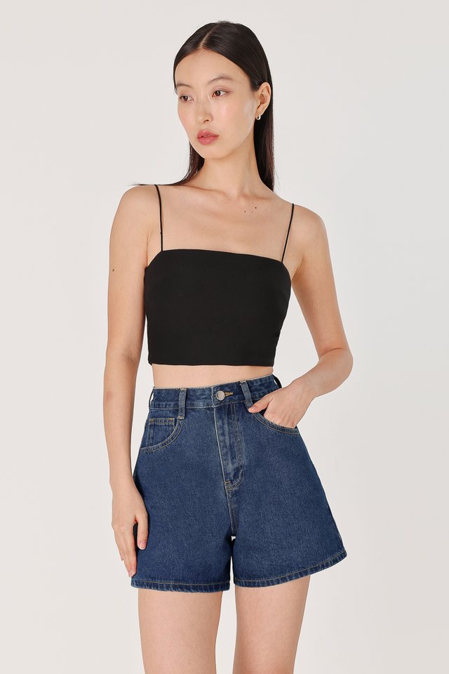 EASY GOING A-LINE DENIM MOM SHORTS (DARK WASHED)