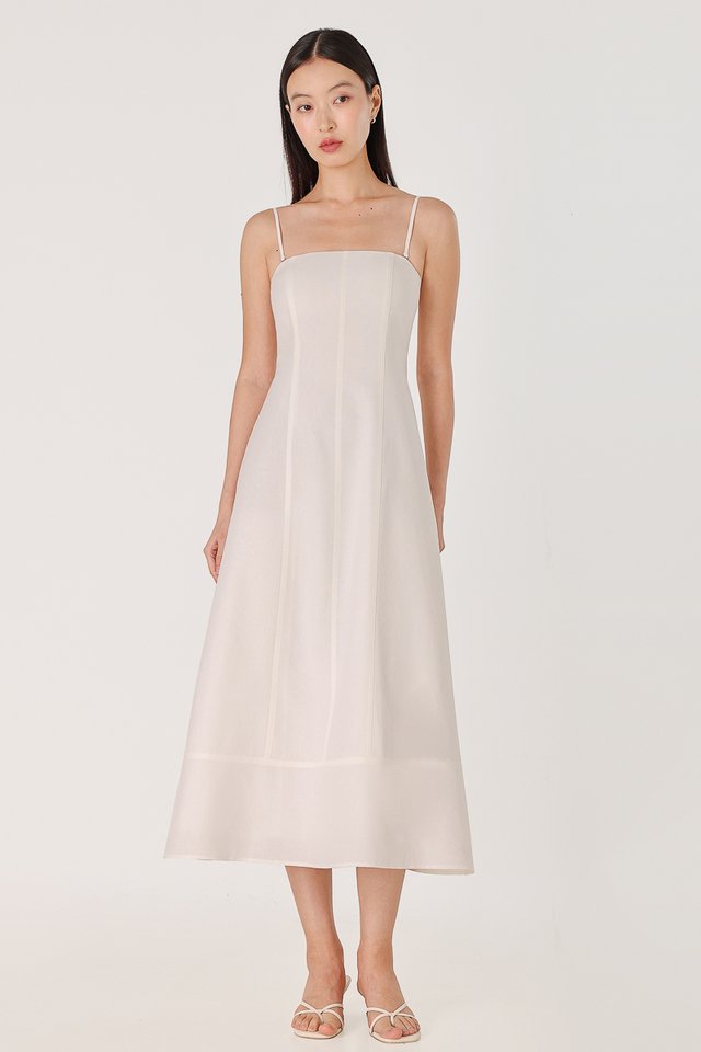 DALIYA PADDED LINEN PANELLED TWO-WAY THICK HEM MIDAXI DRESS (WHITE)