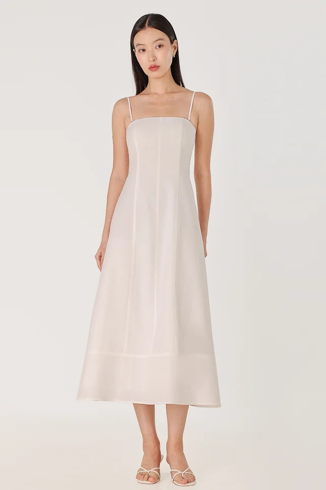 DALIYA PADDED LINEN PANELLED TWO-WAY THICK HEM MIDAXI DRESS (WHITE)