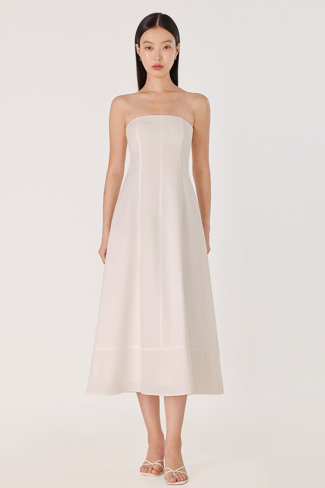 DALIYA PADDED LINEN PANELLED TWO-WAY THICK HEM MIDAXI DRESS (WHITE)