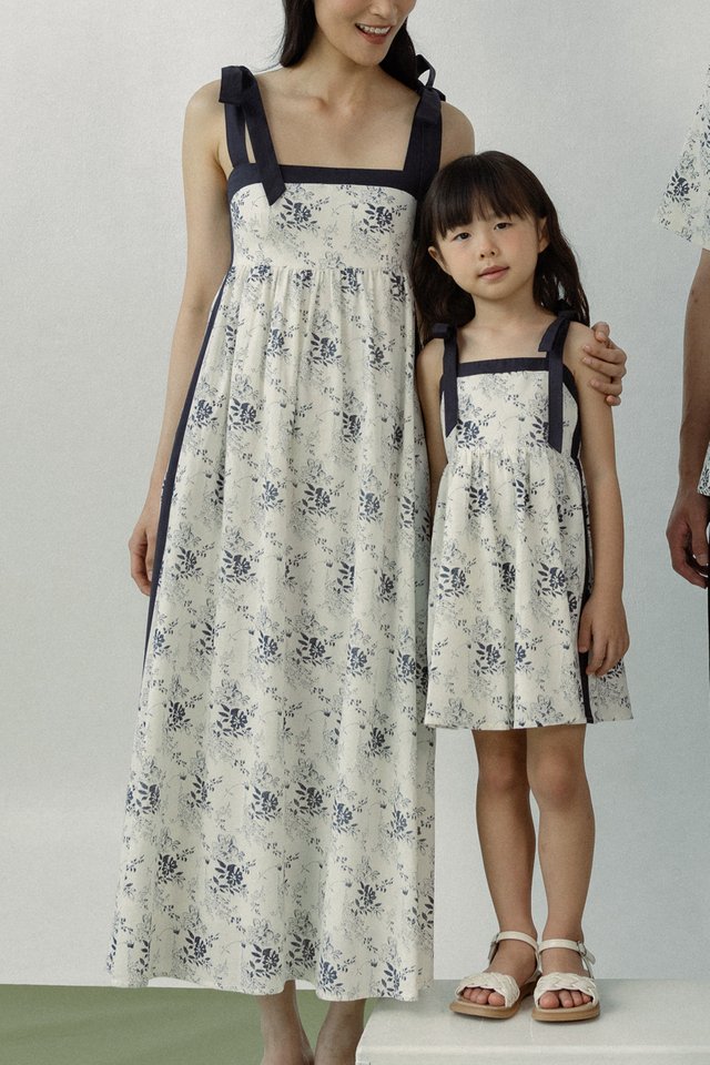 CLOVER PADDED LINEN FLORAL CONTRAST RIBBON-TIE MIDAXI DRESS