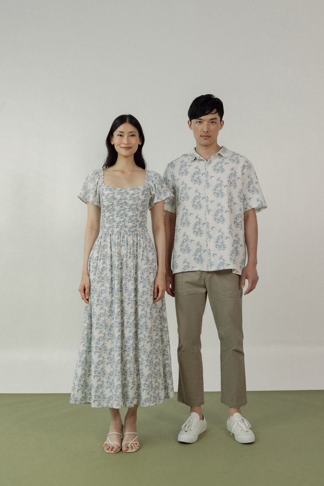 EDELYN PADDED FLORAL RUCHED FLUTTER SLEEVE MAXI DRESS