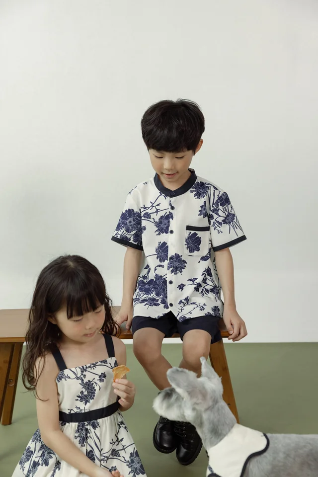 FABIAN FLORAL CONTRAST MANDARIN COLLAR BUTTON SHIRT - MINI BOY