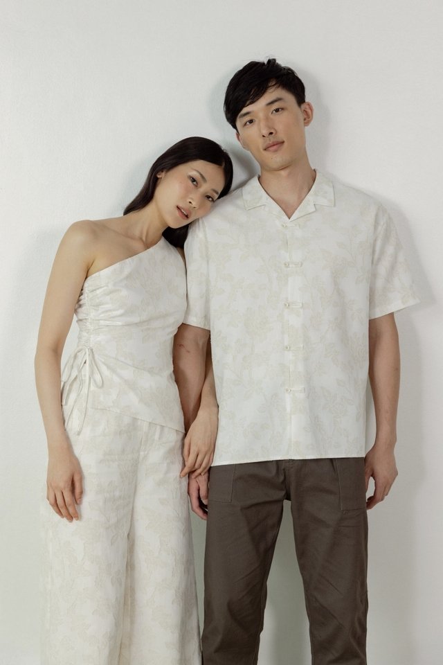 RION FLORAL JACQUARD REVERE COLLAR MANDARIN BUTTON SHIRT