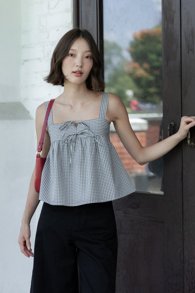 FONNIE PADDED RIBBON-TIE BABYDOLL TENT TOP (CHECKERED)