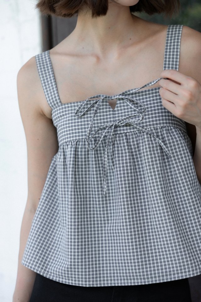 FONNIE PADDED RIBBON-TIE BABYDOLL TENT TOP (CHECKERED)