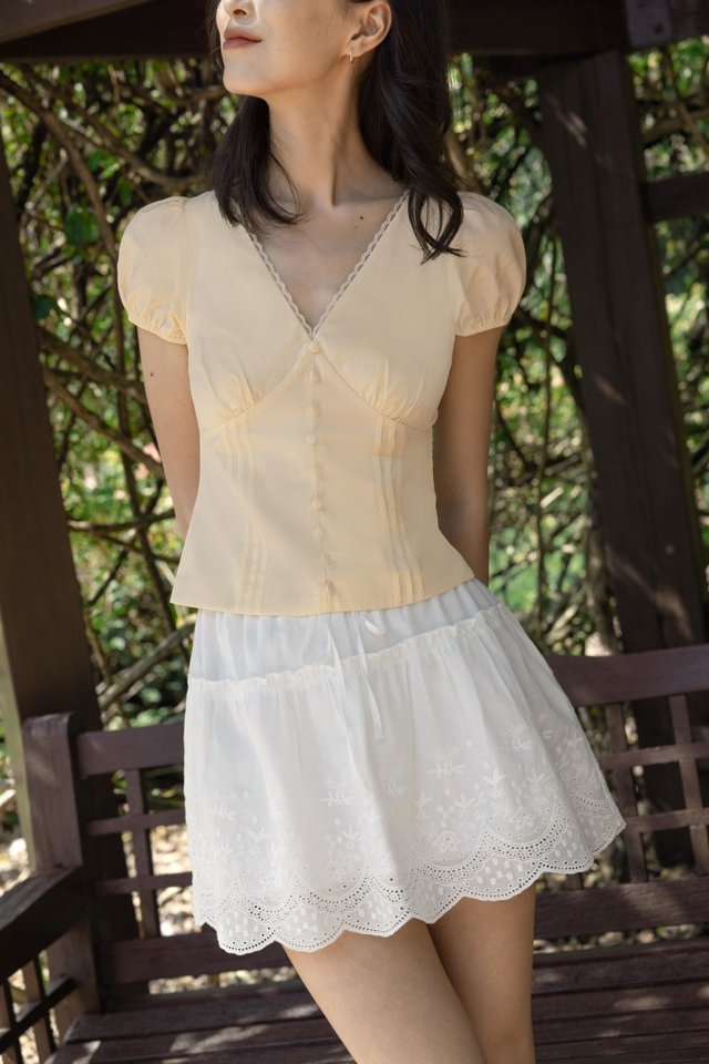 NESSA PINTUCK LACE TRIM BUTTON PUFF SLEEVE TOP (YELLOW)