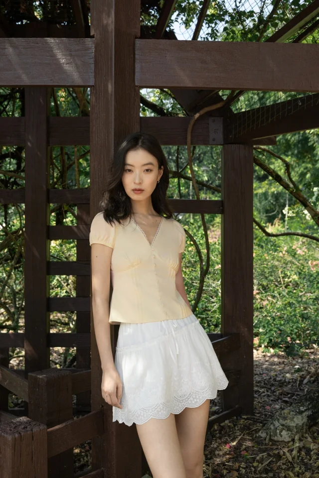 NESSA PINTUCK LACE TRIM BUTTON PUFF SLEEVE TOP (YELLOW)