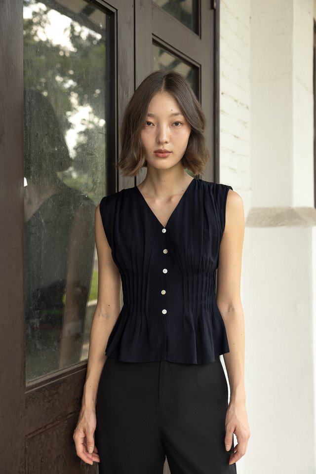 ZALIYAH PINTUCK SHELL BUTTON V-NECK TOP (MIDNIGHT BLUE)