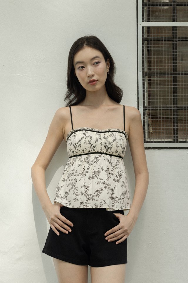 ROSANNE PADDED FLORAL RUCHED CONTRAST TRIM RUFFLE BABYDOLL TOP