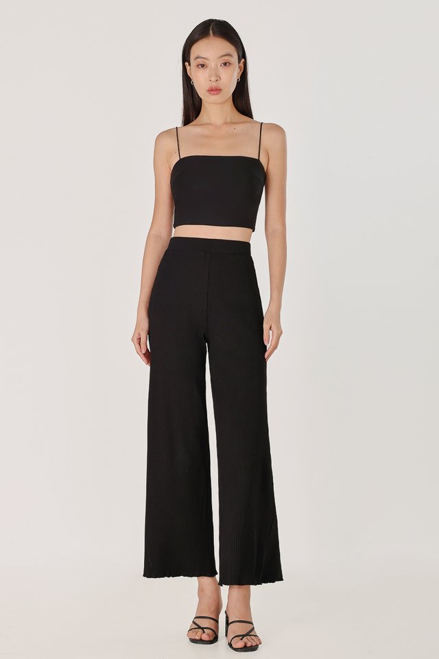 MARLOWE RIBBED LETTUCE HEM STRAIGHT LEG PANTS - PETITE (BLACK)