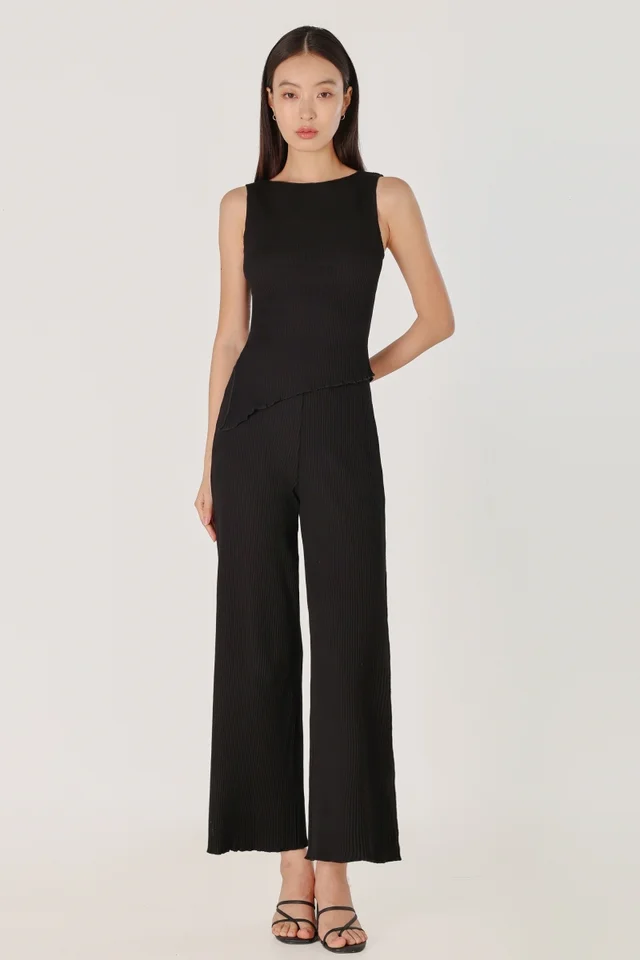 MARLOWE RIBBED LETTUCE HEM STRAIGHT LEG PANTS - REGULAR (BLACK)