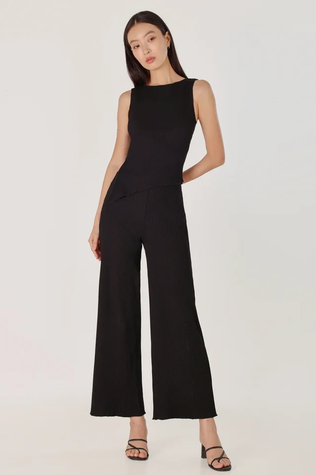 MARLOWE RIBBED LETTUCE HEM STRAIGHT LEG PANTS - REGULAR (BLACK)
