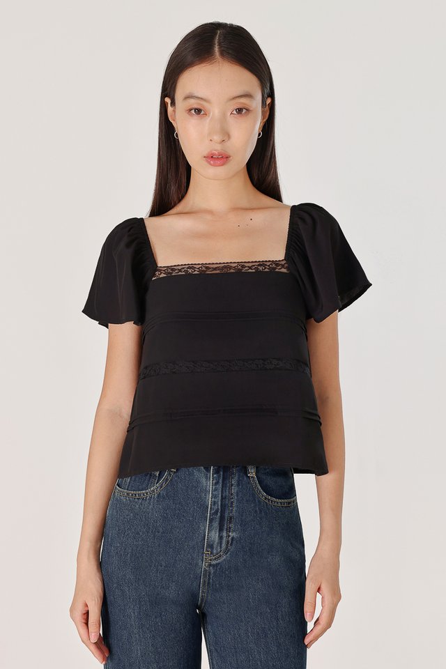 FAUNA FLUTTER SLEEVE LACE TRIM PINTUCK TOP (BLACK)