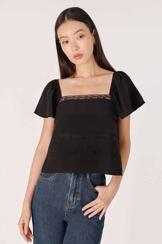 FAUNA FLUTTER SLEEVE LACE TRIM PINTUCK TOP (BLACK)