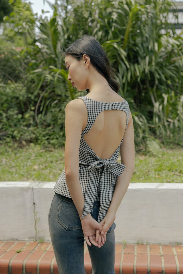 CLAUDETTE PADDED BOATNECK BACK CUT-OUT RIBBON TIE-BACK TOP (GINGHAM)