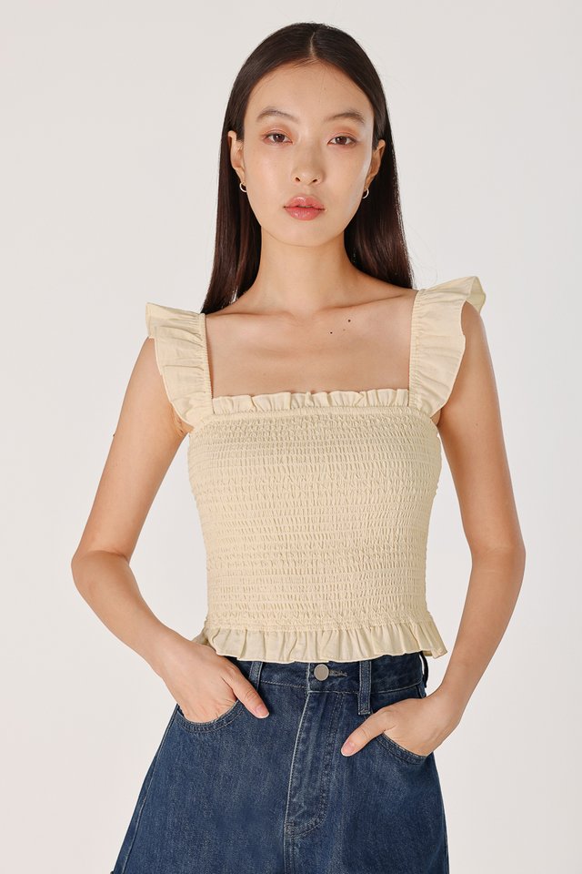 MINDY PADDED LINEN EMBROIDERED RUFFLES SMOCKED TOP (YELLOW)