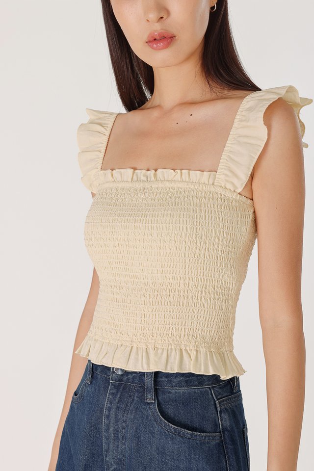 MINDY PADDED LINEN EMBROIDERED RUFFLES SMOCKED TOP (YELLOW)